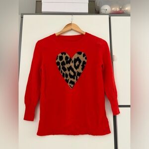 J. Crew Red Cashmere Sweater with Leopard Heart